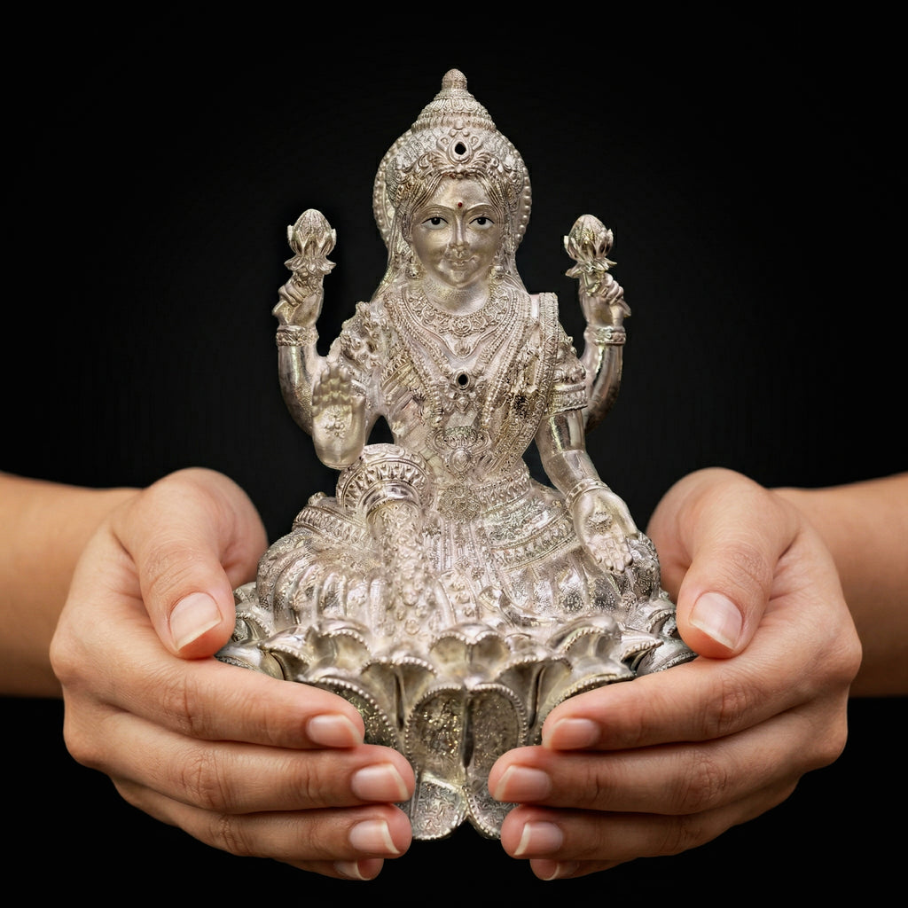 Sterling Silver Maa Lakshmi Statue for Puja, Home Decor & Gift