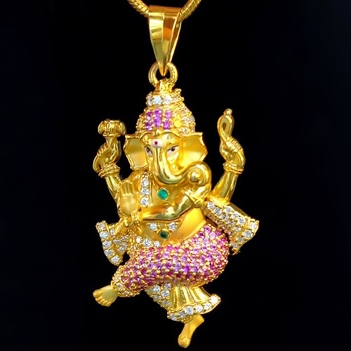 Dancing Ganesha Pendant with Stone Work in 925 Silver Base 24K Gold Plated