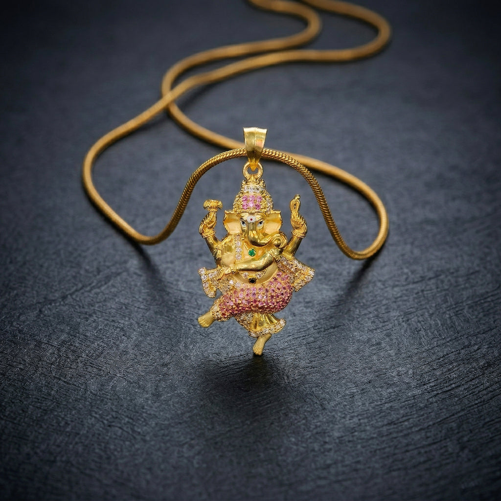 Dancing Ganesha Pendant with Stone Work in 925 Silver Base 24K Gold Plated