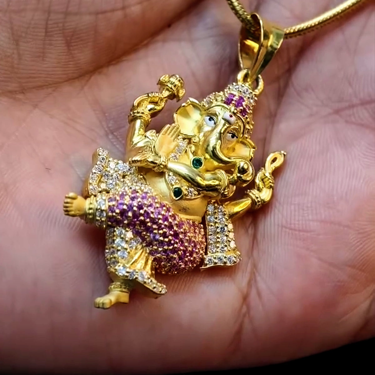 Dancing Ganesha Pendant with Stone Work in 925 Silver Base 24K Gold Plated