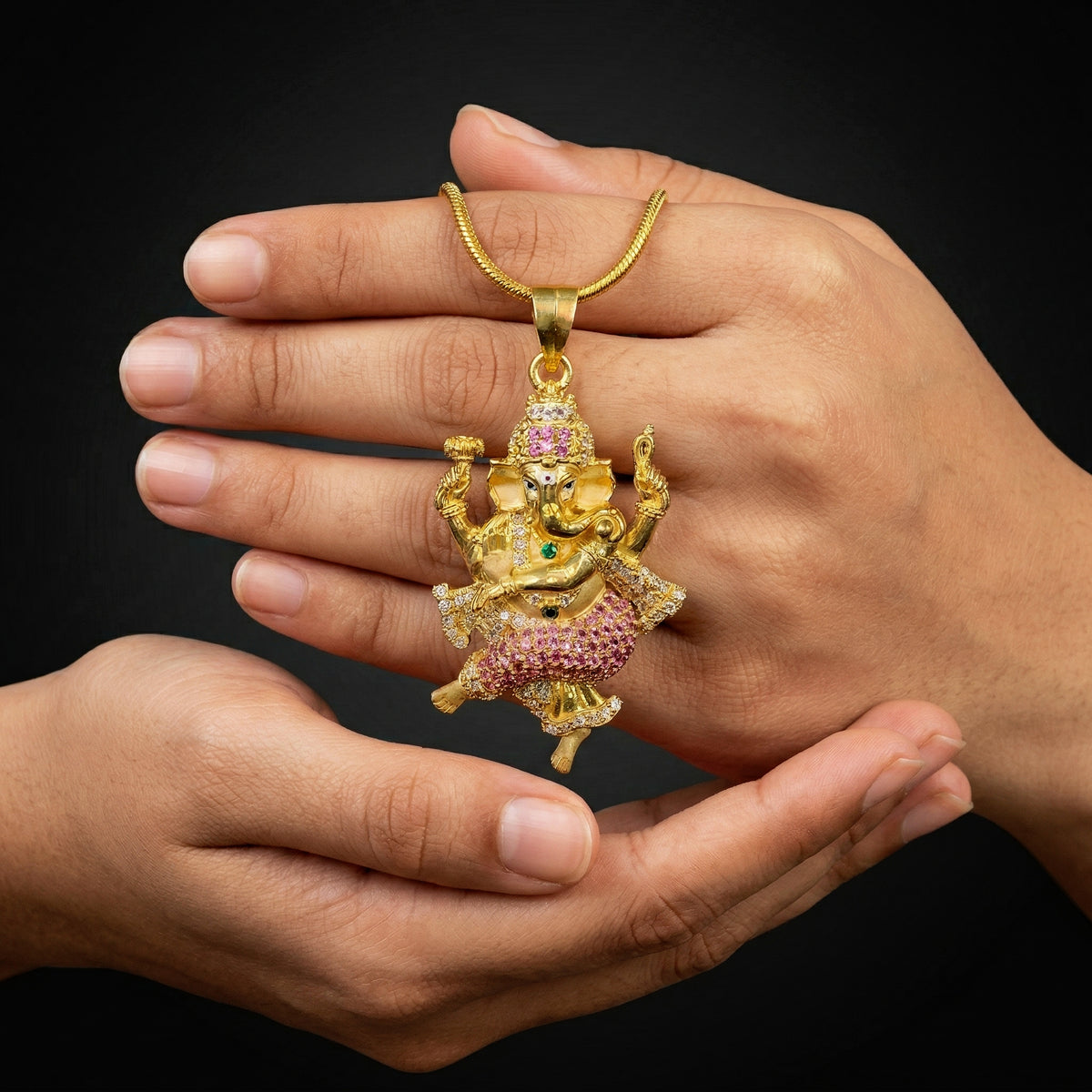Dancing Ganesha Pendant with Stone Work in 925 Silver Base 24K Gold Plated